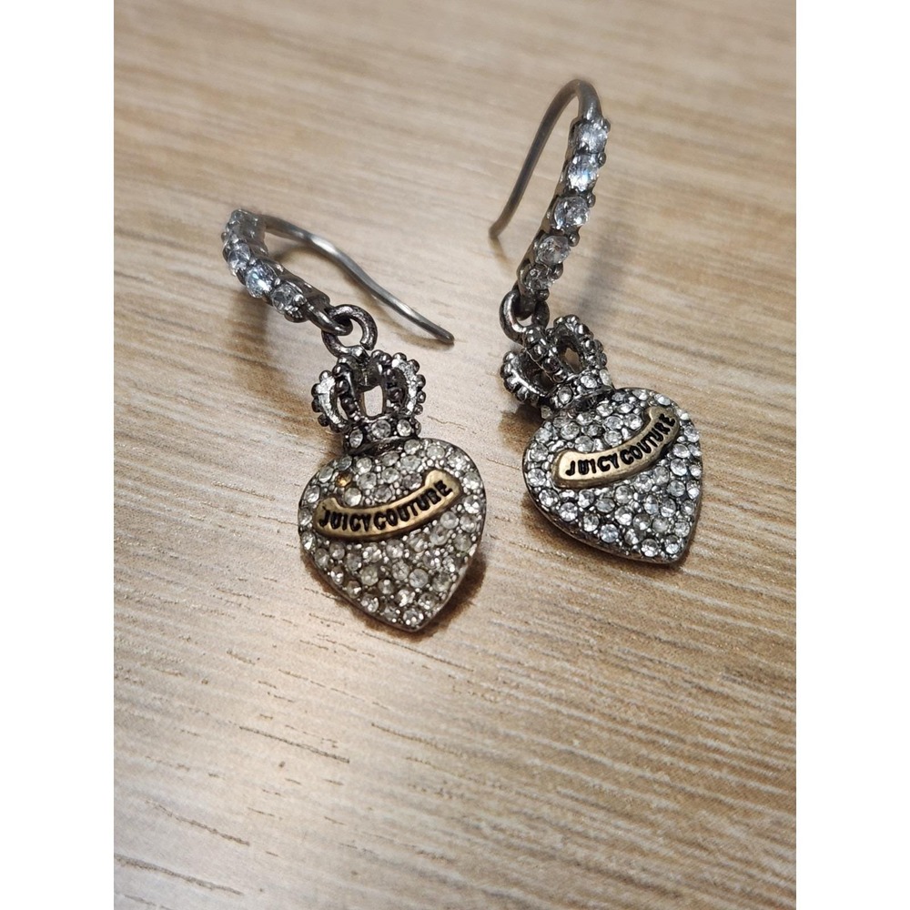 Y2K Vtg. Juicy Couture Heart Dangle Earrings Silver Tone Rhinestones Logo